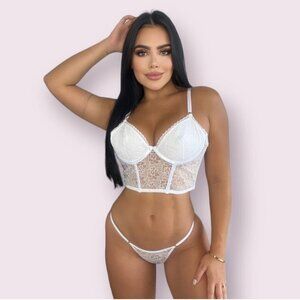 Angel Set Colombian White Blonde Floral Lace Corset and Thong Lingerie Set